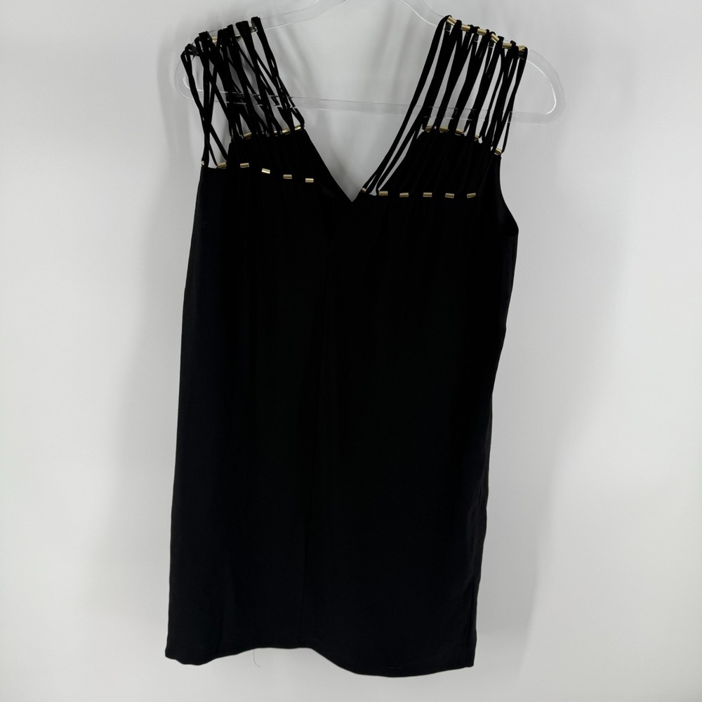 BCBGMAXAZRIA Arielle Shift Dress Womens XS Black Deep‎ V Neck Beaded Multi Strap